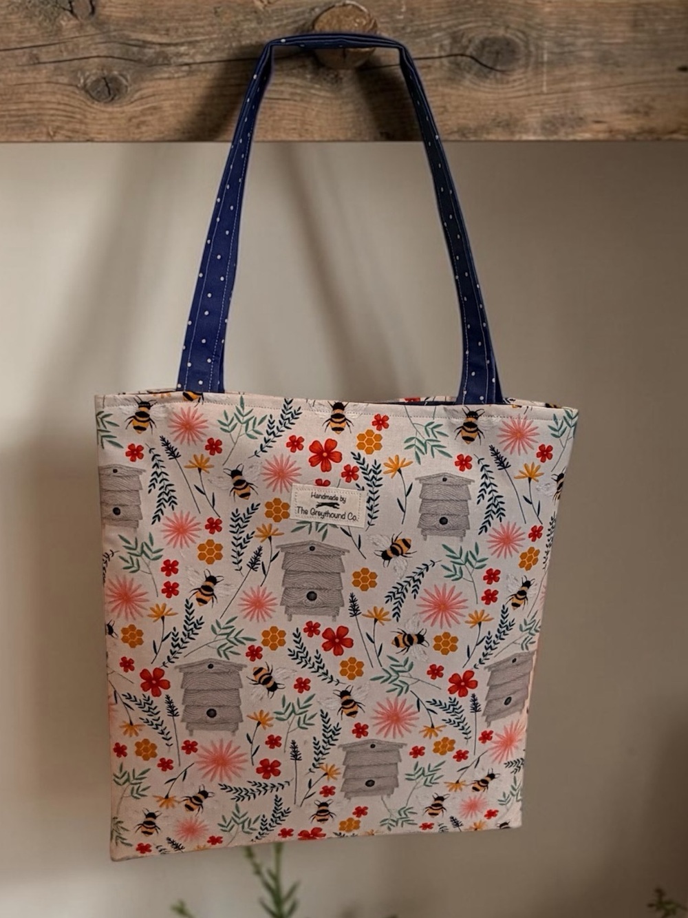 Handmade Bee Print Tote Bag with Navy Handles